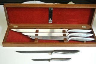 Vintage 1960 - 70 Gerber Legendary Blades Carving Set Knife Fork Walnut Box