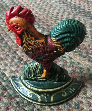 Old Vintage Cast Iron Rooster Chicken Door Stop Nicely Painted