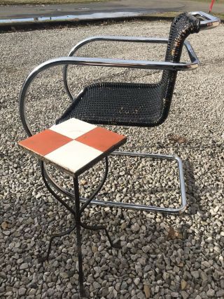 Vintage Tile Top Side Table Wrought Iron Metal Outdoor Patio Mid Century Modern