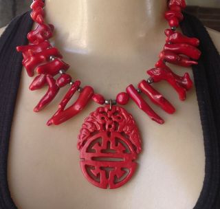 Vintage Artisan Necklace Faux Cinnabar Pendant Red Branch Coral Beads
