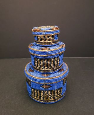 Nesting Beaded Round Trinket Baskets Boxes With Lids Set Of 3 Royal Blue Vintage