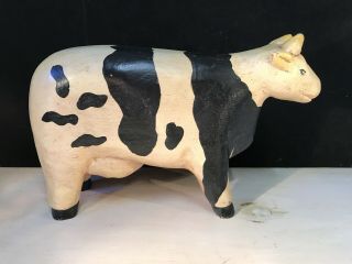 Vintage Carved Wood Folk Art Cow Black & White 2