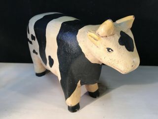 Vintage Carved Wood Folk Art Cow Black & White 3