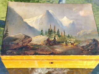 Antique/vintage Hand Painted Oil On Wooden Box Landscape Wetterhorn Swiss