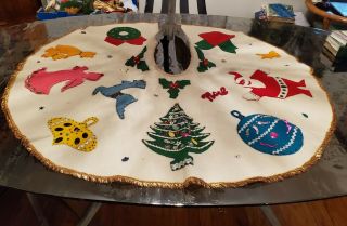 Vintage Christmas Tree Skirt Hand Made Felt Santa Wreath Deer Angels 38 "