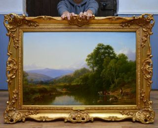 Fine Large Antique 19thc Oil Painting Of English Victorian Devon River Landscape