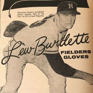 1958 Lew Burdette Rawlings Baseball Glove Ad Milwaukee Braves World Series Mvp