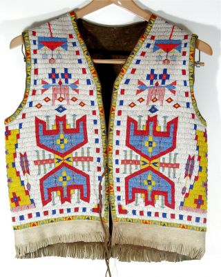 Ca1940s Native American Sioux Indian Fully Bead Decorated Hide Vest