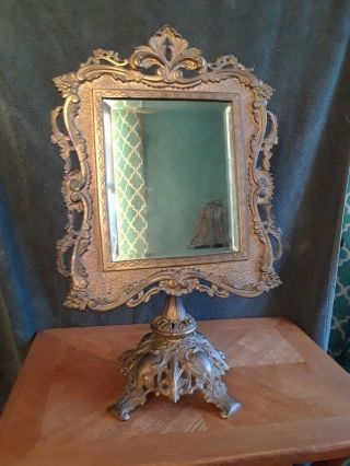 Large Antique Art Nouveau Victorian Cast Brass Swivel Vanity Beveled Mirror