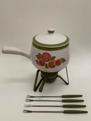 Vintage Fondue Pot Ceramic White Avocado Green W/ Matching Forks 1970s Japan