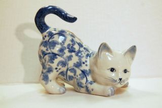 Vintage Blue And White Delft Style Japanese Ceramic Cat Bank