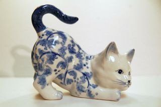Vintage Blue and White Delft Style Japanese Ceramic Cat Bank 2
