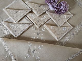 Exquisite Vtg Hand Embroidered Linen Tablecloth/6 Napkins - Lefkara