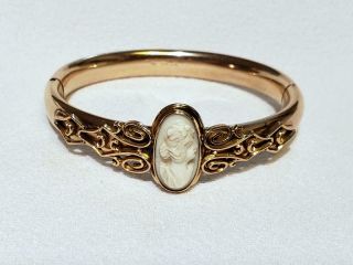 Antique Victorian R.  C.  Co 1/20 Gold Filled Hinged Bracelet Carved Stone Cameo
