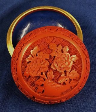 Vintage Chinese Carved Cinnabar Round Box On Blue Enamel Brass 3 " Dia X 1.  625 " H