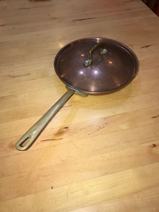 Vintage Solid Copper & Brass Handle Cooking Frying Pan With Cover