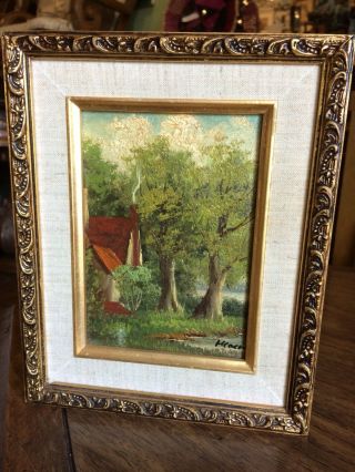 Vintage Antique Gold Frame Trees Oil Painting Signed