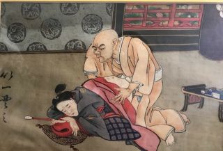 Antique Japanese Meiji Period Hand Painted On Silk Shunga Erotic Rape Subject