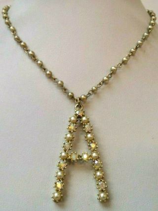 Stunning Vintage Estate Ab Rhinestone Letter A Pearl Bead 24 " Necklace 2458z