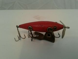 Heddon Antique Wooden 5 Hook Minnow Lure 150 Red Glass Eye Belly Weight 3 - 5/8