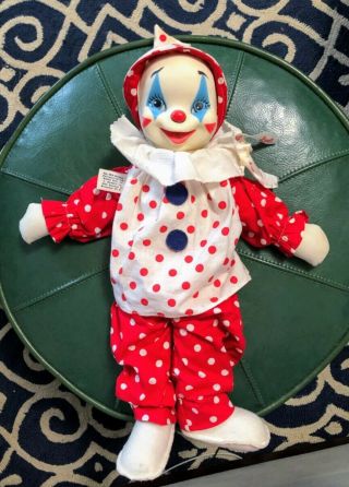 Vintage Gund Rubber Plastic Face Clown Valentine Red White Stuffed Plush Toy