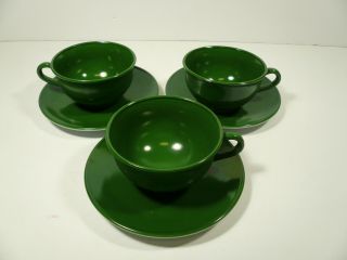 Vintage Set Of 3 Anchor Hocking Green With White Bottoms Cups And Saucers