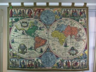 1960 Antique Style Old World Map Wall Art Tapestry Marked West Germany 37 " X 46 "