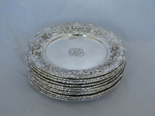 Set Of 12 Vintage Kirk Sterling Silver Repousse 128 Bread Or Small Salad Plates