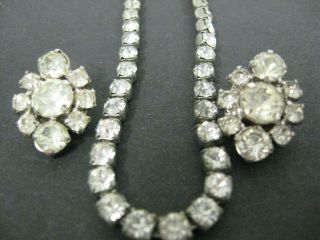 Vintage White Rhinestone Choker Necklace And Clip On Earring Set