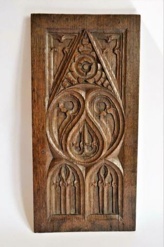 Fine Antique 19thc Church Pugin Gothic Revival Carved Oak Wood Panel