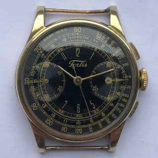 Vintage Fortis Chronograph With Gilt Black Dial In A 14 Ct Goldcase Venus 175