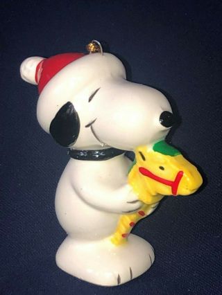 Vintage Peanuts Snoopy In Santa Hat W /hobby Horse Ceramic Christmas Ornament
