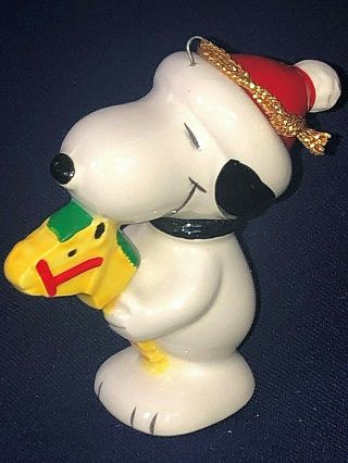 Vintage Peanuts SNOOPY in SANTA Hat w /Hobby Horse Ceramic Christmas Ornament 2