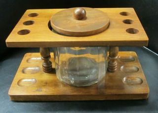 Vintage Wooden Pipe Stand Holder With Glass Tobacco Jar Humidor