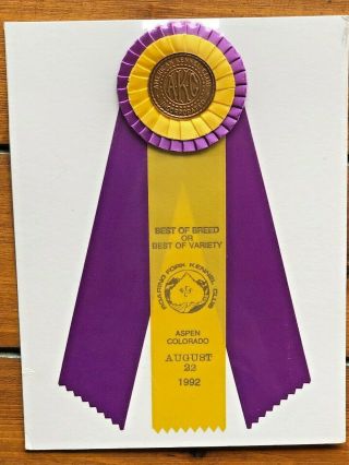 Vintage 1992 Akc Dog Show Purple Yellow Ribbon Best In Breed Variety Aspen Colo