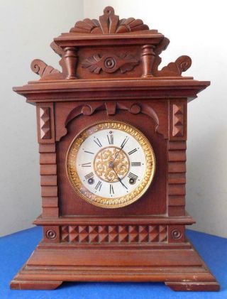 Ornate Large Ansonia 8 Day Striking Syria Mantle Clock In Oak Case C1880