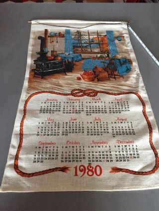 Vintage 1980 Linen Kitchen Calendar Towel Decor Cute 27x16 Fall Autumn Ships