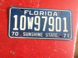 License Plate Tag Florida Fla.  1970 - 1971 10w 97901 Rustic Usa