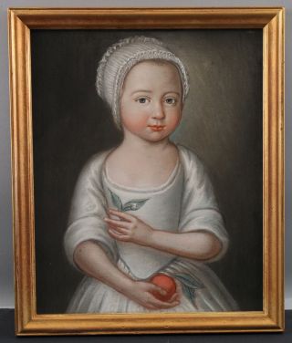 Antique 18thc Folk Art Pastel Portrait Drawing,  Young Girl W/ Peach,  Nr