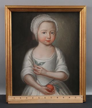 Antique 18thC Folk Art Pastel Portrait Drawing,  Young Girl w/ Peach,  NR 2