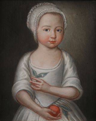 Antique 18thC Folk Art Pastel Portrait Drawing,  Young Girl w/ Peach,  NR 3