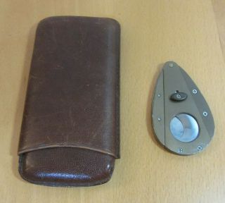 Vintage - Dunhill - Brown Leather Cigar Case Spain - And Xikar Cigar Cutter