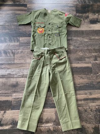 Vintage Boy Scout Uniform Shirt Pants Olive Green Brown 1960 