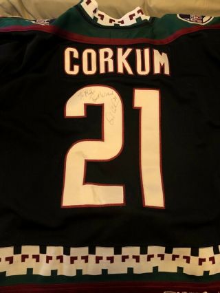 Autographed Phoenix Coyotes Bob Corkum Game Worn (?) Issued Jersey (fight Strap)