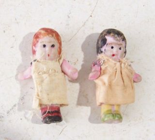 2 Antique Vintage Tiny Miniature Porcelain Bisque Jointed Doll 1 3/4 " Tall Japan