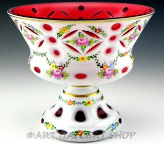 Antique Bohemian Moser White Cased Cut To Cranberry Enamel Floral Compote Vase