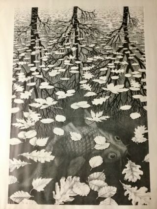 Vintage MC Escher Poster THREE WORLDS,  1955 Cordon Art BV Printed by Bakker Baarn 2