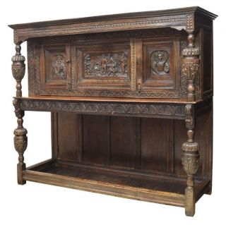 Gorgeous English Heavily Carved Oak Court Sideboard,  18th /19th Century (1700s)