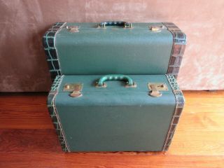 Antique Set Of 2 Vintage Travel Suitcases Green Alligator Skin Print Luggage