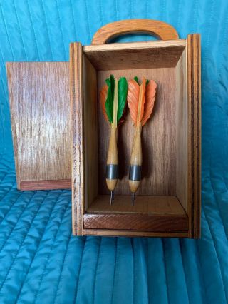 4 Vintage Antique Wood Darts With Feathers Comes With Wood Handle Carrying Box